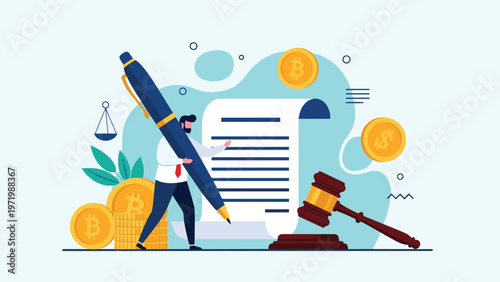 Business professional signs a legal document with a giant pen next to a judges gavel and cryptocurrency icons to represent digital finance regulations.