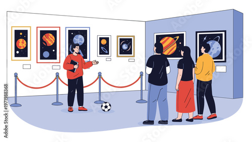 Knowledgeable museum guide leads a group of visitors through an art gallery featuring various colorful paintings of planets and celestial bodies in space.