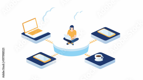 A person sitting cross-legged on a platform surrounded by connected devices