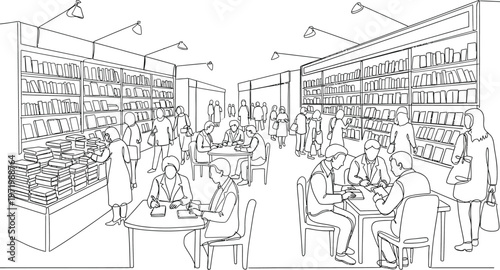 black and white illustration of busy coffee shop