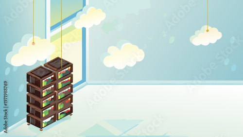A vector graphic illustration of a stack of servers in a room with clouds