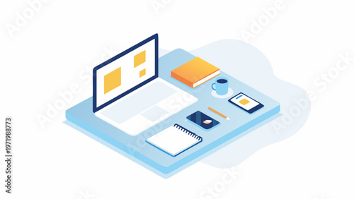 A minimalist vector illustration of a laptop and office supplies on a desk