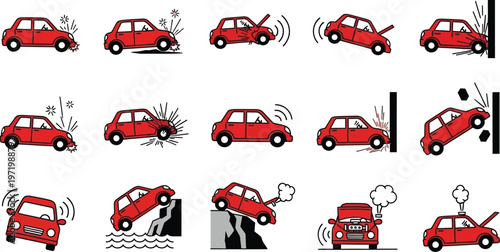 Vector graphic icons illustrating various dangerous car accident scenarios