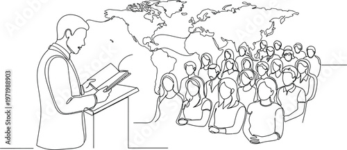 Businessman presenting to audience with world map