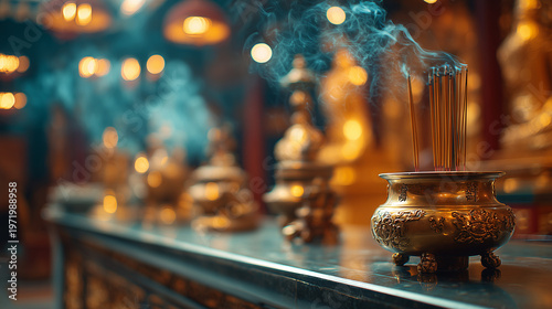 A golden incense burner vessel emitting wisps of smoke in a sacred temple setting with blurred background bokeh lights representing peaceful meditation and traditional spiritual rituals