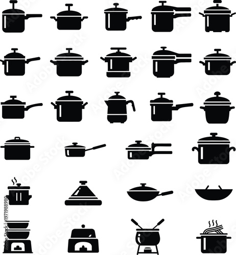 Variety of cooking pot and pan icons with food preparation with kitchen tool with home cooking with stock pot