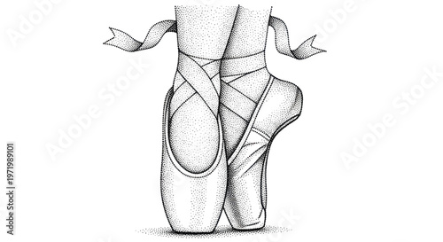 Ballet pointe shoes with ribbon, stippled illustration, elegant dance footwear