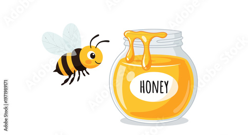Cute bee flying towards a jar of golden honey on a white background