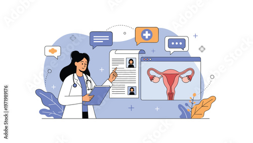 Professional female doctor points to an anatomical diagram of the female reproductive system on a monitor while explaining women health to a patient.