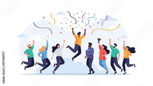 Diverse group of people jumping for joy with confetti in the background, celebrating a successful business achievement or team victory.