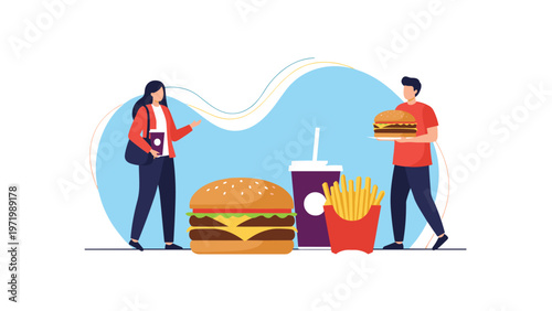 Man and woman are presented with giant fast food items including a large burger French fries and a soda to symbolize modern diet habits and fast food.