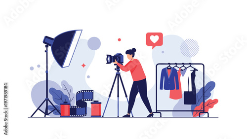 Professional photographer works in a studio with a clothing rack to capture high quality fashion images using a tripod camera and large softbox light.