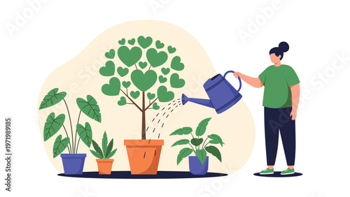 Caring woman uses a blue watering can to nurture a heart shaped tree and various other green potted plants to promote a love for gardening and nature.