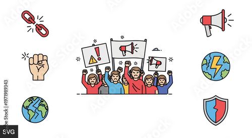 Protestors with Signs and Megaphone, Symbolizing Social Issues and Activism