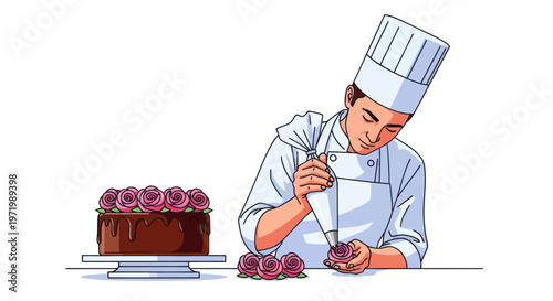 Pastry chef decorating chocolate cake with pink roses using piping bag, close-up.