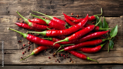 Fresh Red Chili Peppers on Rustic Wooden Surface with Green Leaves
