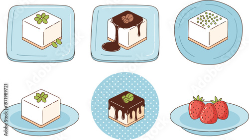 Delicious Dessert Icon Set Featuring Tofu, Chocolate, and Fresh Fruit on Plates for Dessert, Sweet Treats, and Food Design Projects