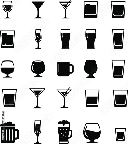Assortment of drinkware icons for various beverages with drink glass with wine glass with cocktail glass