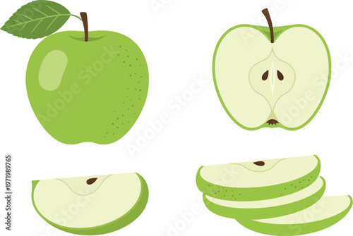 Collection of green apple vector illustration elements showing whole and sliced fruit