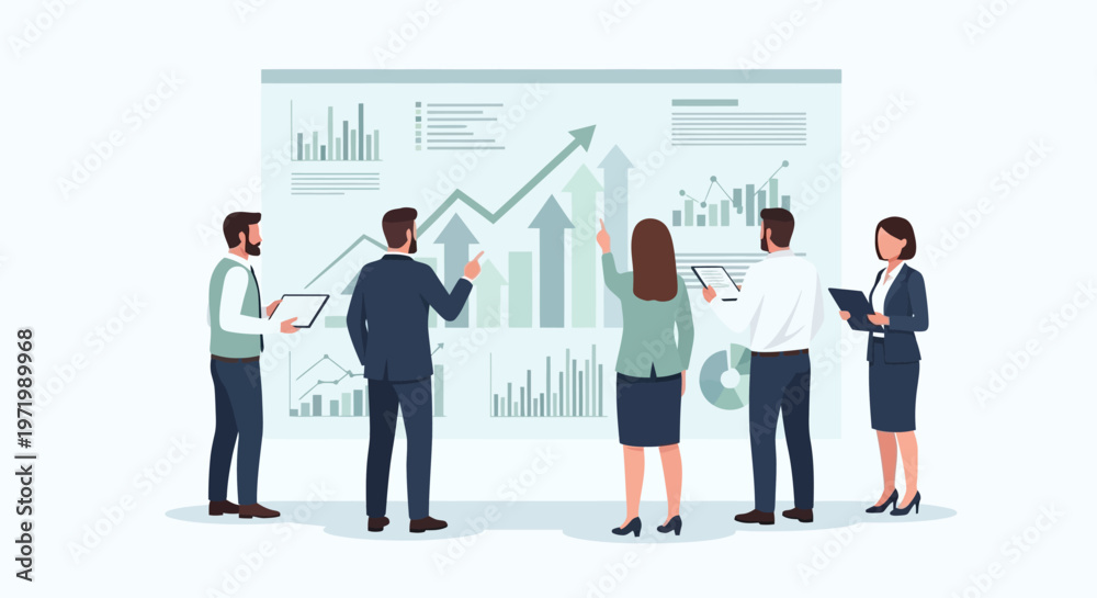 Obraz premium Business Team Analyzing Growth Charts and Financial Data on a Digital Dashboard Screen, Flat Vector Illustration of Corporate Strategy and Professional Collaboration