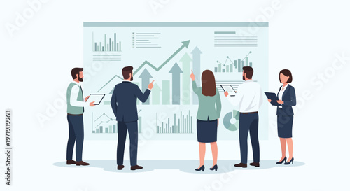 Business Team Analyzing Growth Charts and Financial Data on a Digital Dashboard Screen, Flat Vector Illustration of Corporate Strategy and Professional Collaboration