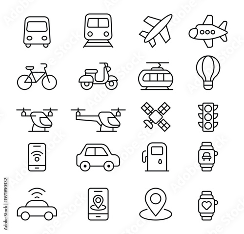 Transportation Icons Collection with Air, Land, and Water Vehicles