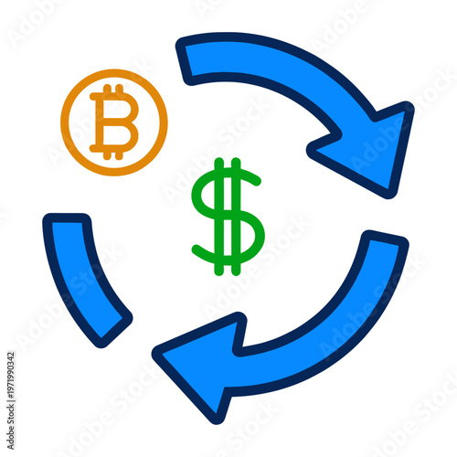 Vector shows the concept of exchanging bitcoin for dollars in a circular flow
