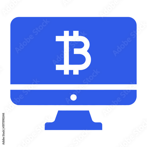 Blue vector of a desktop computer screen displaying the bitcoin cryptocurrency symbol