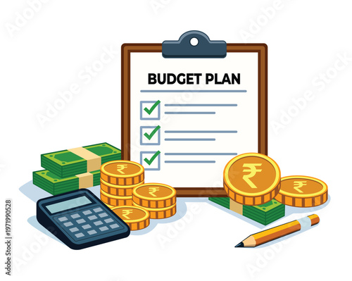 Clipboard with budget plan checklist rupee coins currency notes calculator and pencil