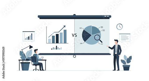 Business Data Analysis and Comparison Presentation Illustration Featuring Professional Men, Growth Bar Chart, and Market Pie Chart on Projector Screen