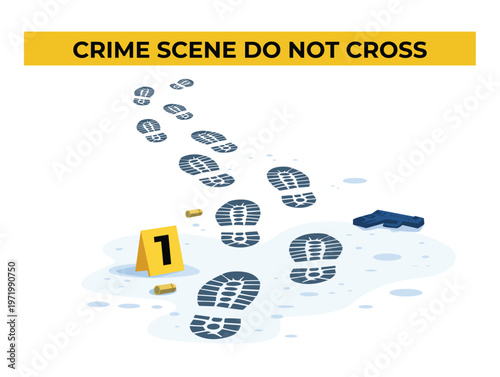 Crime scene with footprints handgun bullet casings and evidence marker