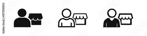 Customer Shop Icon Set Depicting User with Retail Store, Solid, Outline, and Hand-Drawn Styles