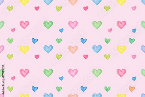 A pink background with colorful hearts and polka dots