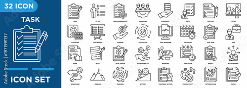Task icon set illustrating  to do,  assigment, duty, task list, focus, planning, responsibility, workflow  for management and corporate projects.