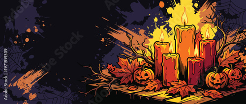 Halloween Arrangement with Glowing Candles Pumpkins and Autumn Leaves on Dark Background