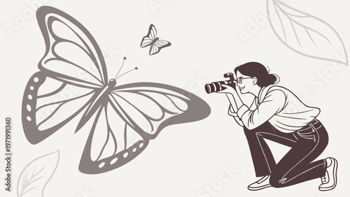 Nature Photographer Capturing a Butterfly in a Stylized Illustration - Hobby, Wildlife, and Observation Concept