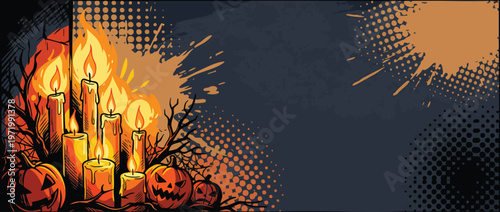 Halloween Background with Spooky Jack O Lanterns and Glowing Candles