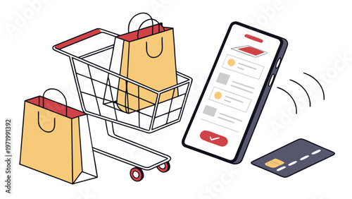 Mobile E-commerce Concept: Smartphone, Shopping Cart, and Credit Card for Online Retail and Digital Payments
