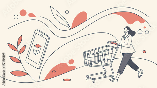Modern E-commerce Concept: Woman Pushing Shopping Cart with Smartphone, Digital Online Shopping and Retail Illustration