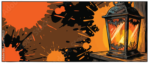 Halloween Bat Lantern with Spooky Ambiance and Splatter Background Graphics