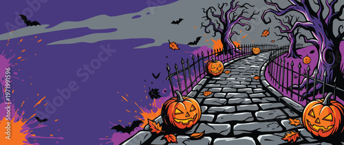 Halloween Cobblestone Path with Jack O Lanterns and Spooky Trees