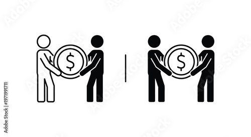 Financial transaction depicted with figures exchanging money a simple silhouette