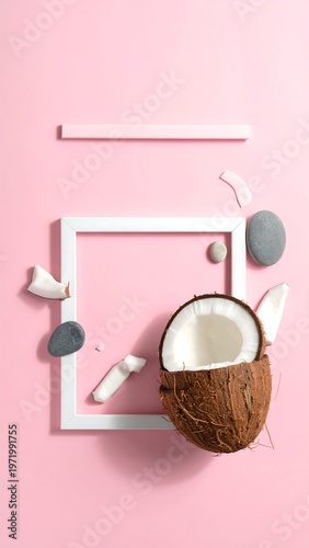 A creative still life with coconut and abstract shapes