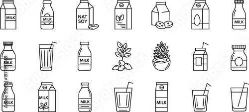 Milk and Plant Based Drink Outline Icon Set with Dairy Bottles, Cartons, Soy, Oat and Nut Beverages for Food Packaging and Healthy Lifestyle Design