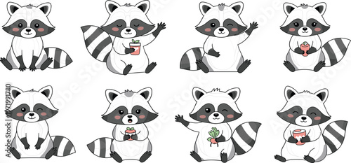 Cute Raccoon Cartoon Character Set with Different Poses Holding Drinks and Food, Adorable Woodland Animal Collection for Kids Design and Nursery Illustration