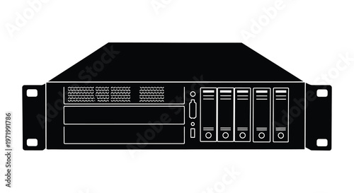 Black server rack unit with drive bays a striking silhouette