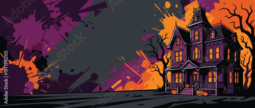 Halloween Haunted House Banner with Spooky Pumpkins and Splatter Background