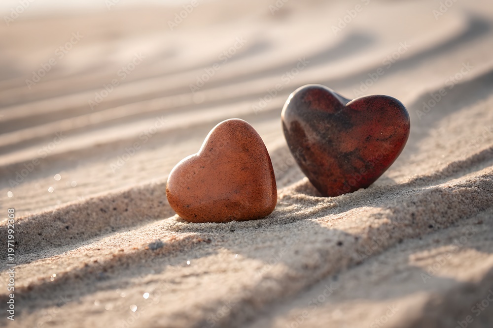 Obraz premium Two smooth polished stone hearts resting together on a textured sandy surface display a beautiful symbol of eternal love and connection that represents romance and deep devotion during a peaceful suns