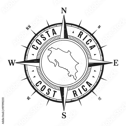 Stylized compass rose featuring the outline of costa rica s landmass