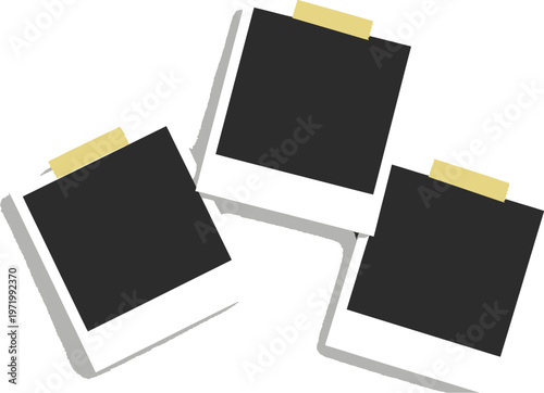 Three blank instant photo templates secured with yellow tape vector graphic
